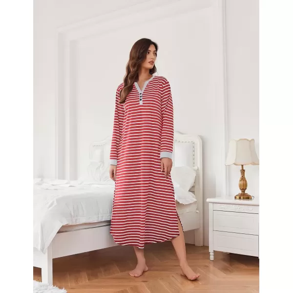 imageEkouaer Womens Nightgown Long Loungewear V Neck Nightshirt Sleepwear Full Length Sleepshirt with PocketsRed Stripe