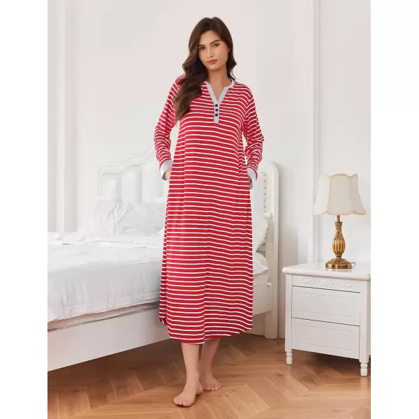 imageEkouaer Womens Nightgown Long Loungewear V Neck Nightshirt Sleepwear Full Length Sleepshirt with PocketsRed Stripe