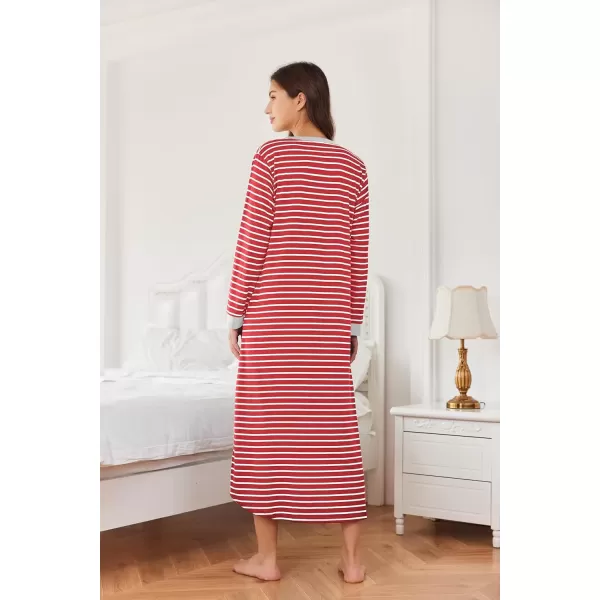 imageEkouaer Womens Nightgown Long Loungewear V Neck Nightshirt Sleepwear Full Length Sleepshirt with PocketsRed Stripe