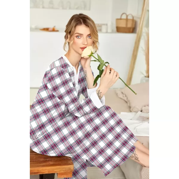 imageEkouaer Womens Nightgown Long Loungewear V Neck Nightshirt Sleepwear Full Length Sleepshirt with PocketsWhite Plaid