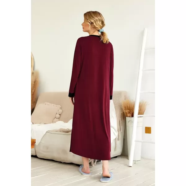 imageEkouaer Womens Nightgown Long Loungewear V Neck Nightshirt Sleepwear Full Length Sleepshirt with PocketsWine Red