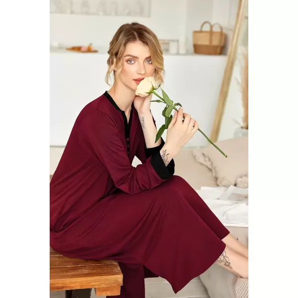 imageEkouaer Womens Nightgown Long Loungewear V Neck Nightshirt Sleepwear Full Length Sleepshirt with PocketsWine Red