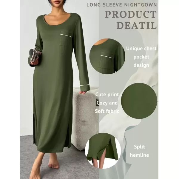 imageEkouaer Womens Nightgown Long Sleeve Nightgowns for Woman Sleep Dress Night Shirt Soft Full Length Sleepwear SXXLArmy Green