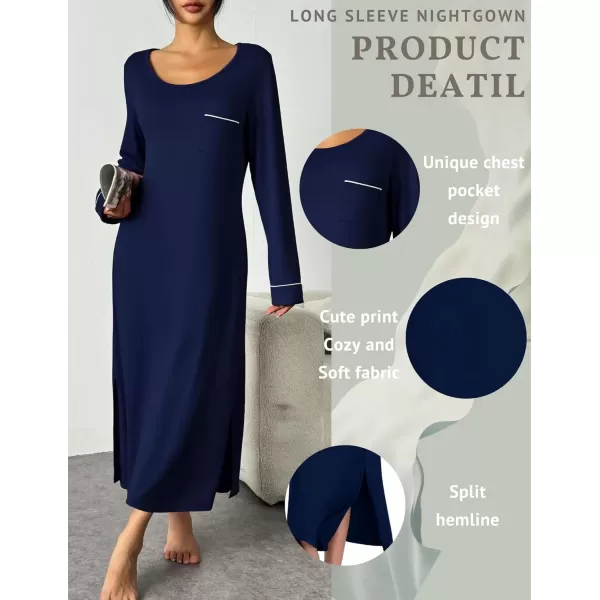 imageEkouaer Womens Nightgown Long Sleeve Nightgowns for Woman Sleep Dress Night Shirt Soft Full Length Sleepwear SXXLNavy Blue