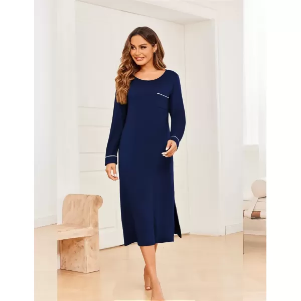 imageEkouaer Womens Nightgown Long Sleeve Nightgowns for Woman Sleep Dress Night Shirt Soft Full Length Sleepwear SXXLNavy Blue