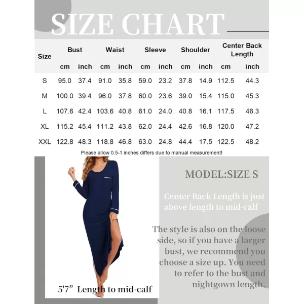 imageEkouaer Womens Nightgown Long Sleeve Nightgowns for Woman Sleep Dress Night Shirt Soft Full Length Sleepwear SXXLNavy Blue