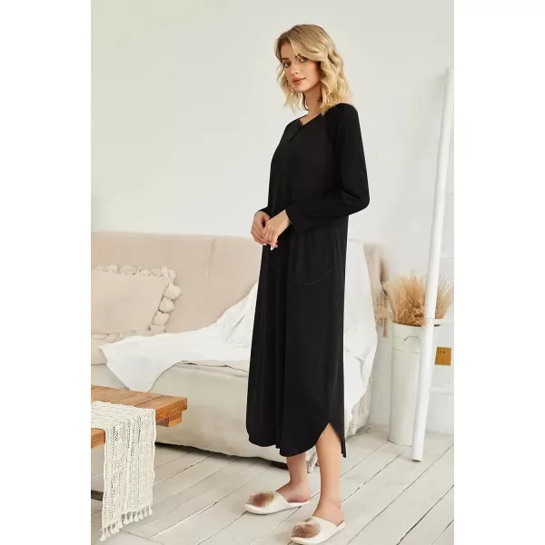 imageEkouaer Womens Nightgown VNeck Loungewear Long Sleeve Sleepwear Full Length Nightgown for Women S4XLAll Black