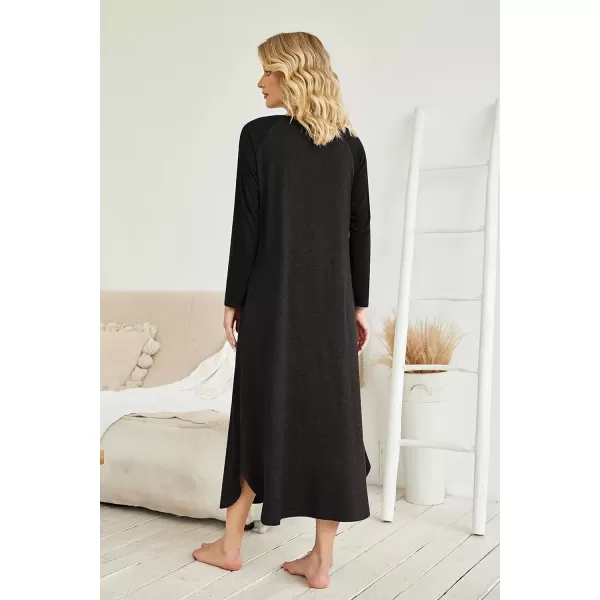 imageEkouaer Womens Nightgown VNeck Loungewear Long Sleeve Sleepwear Full Length Nightgown for Women S4XLAll Black