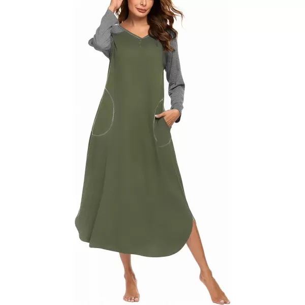 imageEkouaer Womens Nightgown VNeck Loungewear Long Sleeve Sleepwear Full Length Nightgown for Women S4XLArmy Green