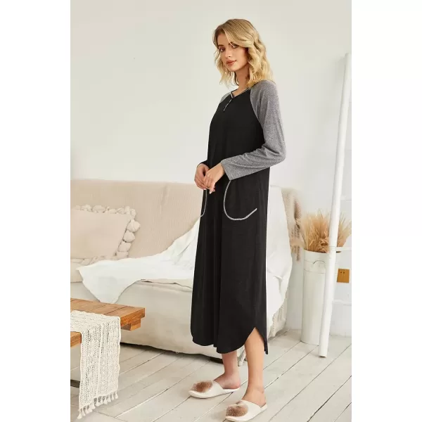 imageEkouaer Womens Nightgown VNeck Loungewear Long Sleeve Sleepwear Full Length Nightgown for Women S4XLBlack