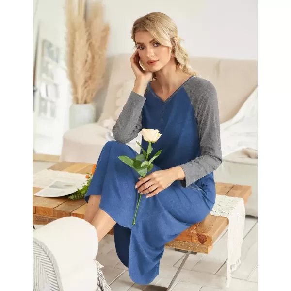 imageEkouaer Womens Nightgown VNeck Loungewear Long Sleeve Sleepwear Full Length Nightgown for Women S4XLBlue