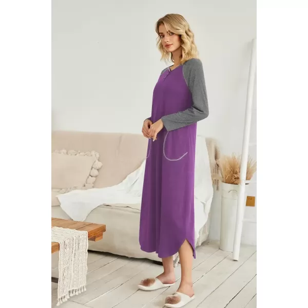 imageEkouaer Womens Nightgown VNeck Loungewear Long Sleeve Sleepwear Full Length Nightgown for Women S4XLPurple