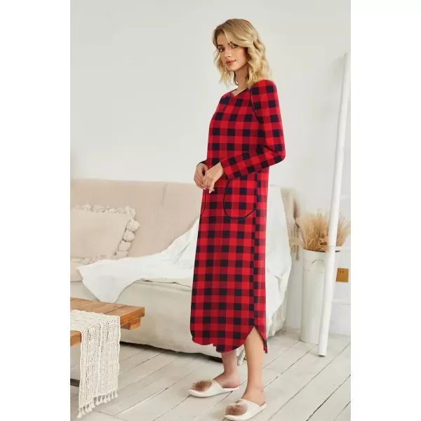 imageEkouaer Womens Nightgown VNeck Loungewear Long Sleeve Sleepwear Full Length Nightgown for Women S4XLRed  Black Plaid