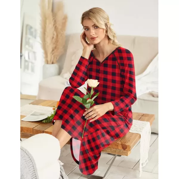 imageEkouaer Womens Nightgown VNeck Loungewear Long Sleeve Sleepwear Full Length Nightgown for Women S4XLRed  Black Plaid