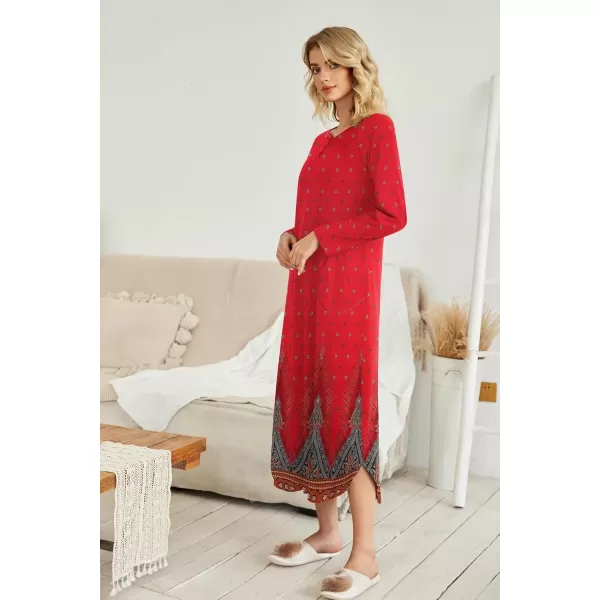 imageEkouaer Womens Nightgown VNeck Loungewear Long Sleeve Sleepwear Full Length Nightgown for Women S4XLRed Feather