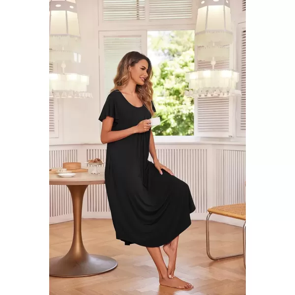imageEkouaer Womens Nightgowns Long Sleepshirt Short Flare Sleeve Sleepwear Soft Night Shirts with Pockets M3XLBlack