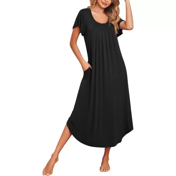 imageEkouaer Womens Nightgowns Long Sleepshirt Short Flare Sleeve Sleepwear Soft Night Shirts with Pockets M3XLBlack