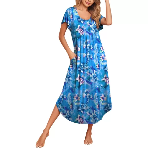 imageEkouaer Womens Nightgowns Long Sleepshirt Short Flare Sleeve Sleepwear Soft Night Shirts with Pockets M3XLBlue Flowers