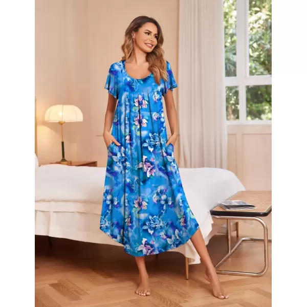 imageEkouaer Womens Nightgowns Long Sleepshirt Short Flare Sleeve Sleepwear Soft Night Shirts with Pockets M3XLBlue Flowers