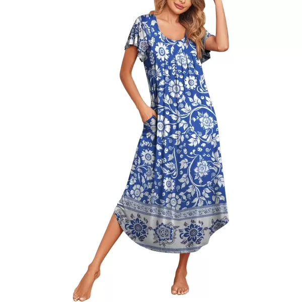 imageEkouaer Womens Nightgowns Long Sleepshirt Short Flare Sleeve Sleepwear Soft Night Shirts with Pockets M3XLBohemian Blue