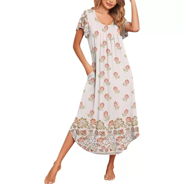 imageEkouaer Womens Nightgowns Long Sleepshirt Short Flare Sleeve Sleepwear Soft Night Shirts with Pockets M3XLBohemian Flowers