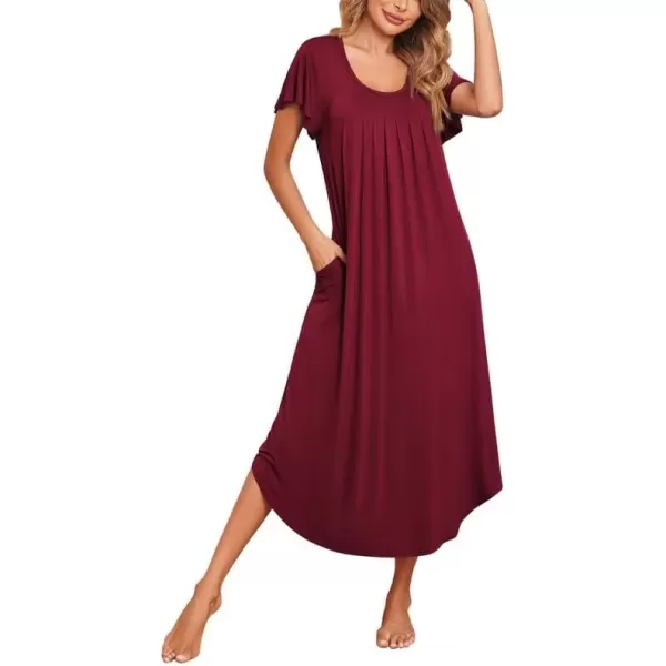 imageEkouaer Womens Nightgowns Long Sleepshirt Short Flare Sleeve Sleepwear Soft Night Shirts with Pockets M3XLCherry Red