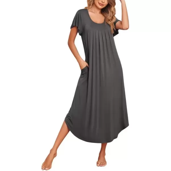 imageEkouaer Womens Nightgowns Long Sleepshirt Short Flare Sleeve Sleepwear Soft Night Shirts with Pockets M3XLDrak Grey