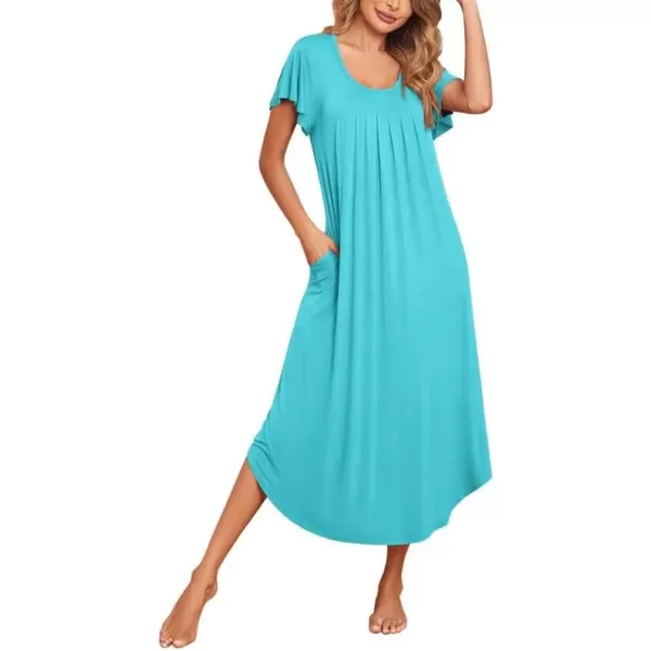 imageEkouaer Womens Nightgowns Long Sleepshirt Short Flare Sleeve Sleepwear Soft Night Shirts with Pockets M3XLPeacock Blue