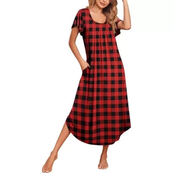 imageEkouaer Womens Nightgowns Long Sleepshirt Short Flare Sleeve Sleepwear Soft Night Shirts with Pockets M3XLPlaid