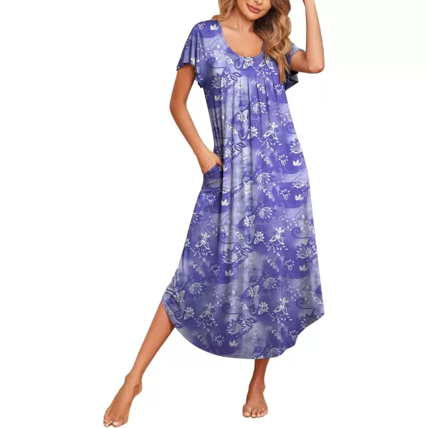 imageEkouaer Womens Nightgowns Long Sleepshirt Short Flare Sleeve Sleepwear Soft Night Shirts with Pockets M3XLPurple Flower