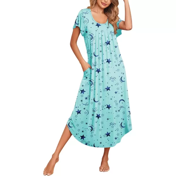 imageEkouaer Womens Nightgowns Long Sleepshirt Short Flare Sleeve Sleepwear Soft Night Shirts with Pockets M3XLStar Print