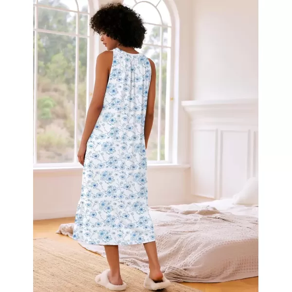 imageEkouaer Womens Nightgowns Long Sleeveless Night gown with Pockets Soft Ladies NightdressFloral Blue