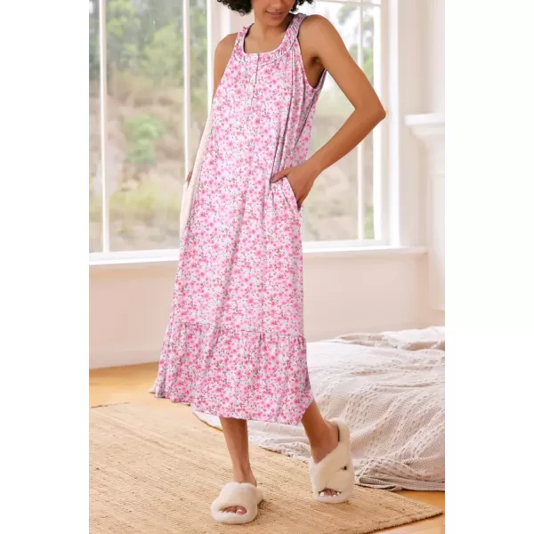 imageEkouaer Womens Nightgowns Long Sleeveless Night gown with Pockets Soft Ladies NightdressFloral Pink