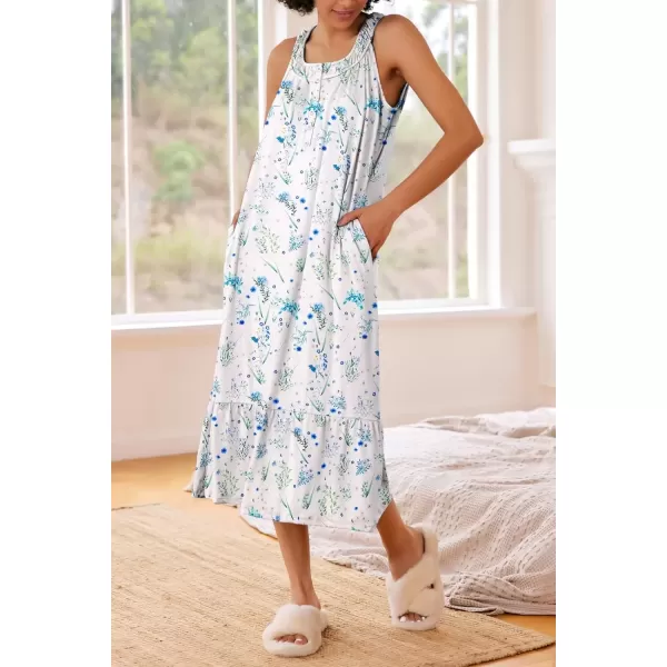 imageEkouaer Womens Nightgowns Long Sleeveless Night gown with Pockets Soft Ladies NightdressLeaf Blue