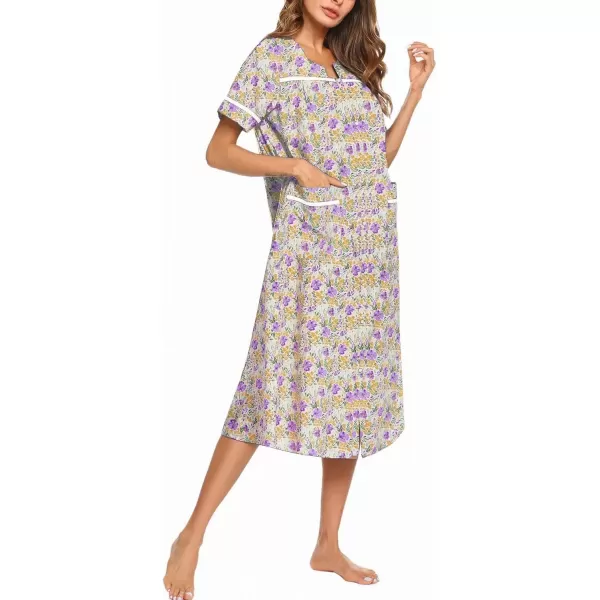 imageEkouaer Womens Snap Front Dusters Cotton Housecoat Short Sleeve Nightgown House Dress With PocketsApricot Floral