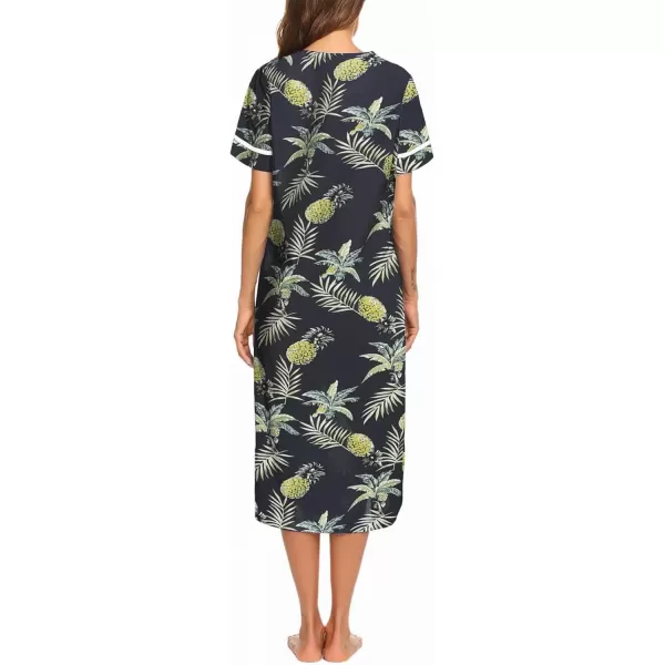 imageEkouaer Womens Snap Front Dusters Cotton Housecoat Short Sleeve Nightgown House Dress With PocketsBlack Pineapple