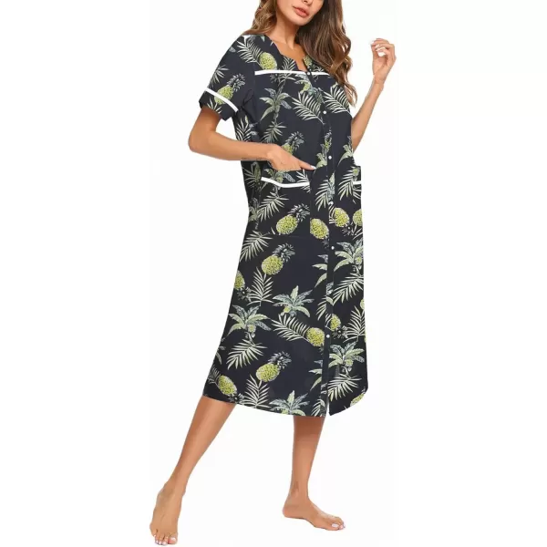 imageEkouaer Womens Snap Front Dusters Cotton Housecoat Short Sleeve Nightgown House Dress With PocketsBlack Pineapple