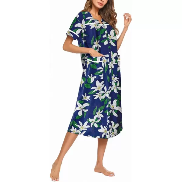 imageEkouaer Womens Snap Front Dusters Cotton Housecoat Short Sleeve Nightgown House Dress With PocketsBlue Floral