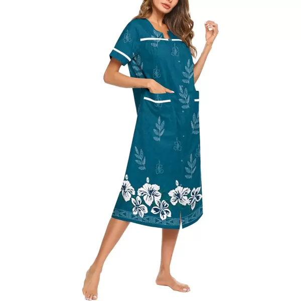 imageEkouaer Womens Snap Front Dusters Cotton Housecoat Short Sleeve Nightgown House Dress With PocketsBlue White Floral