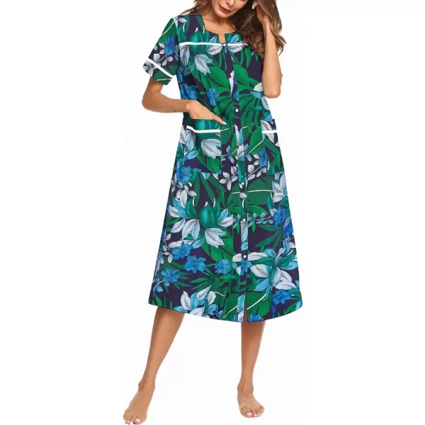 imageEkouaer Womens Snap Front Dusters Cotton Housecoat Short Sleeve Nightgown House Dress With PocketsDark Green Floral