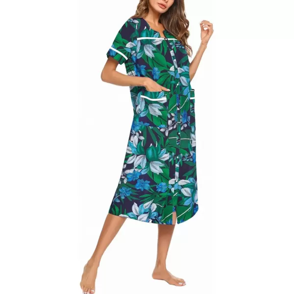 imageEkouaer Womens Snap Front Dusters Cotton Housecoat Short Sleeve Nightgown House Dress With PocketsDark Green Floral