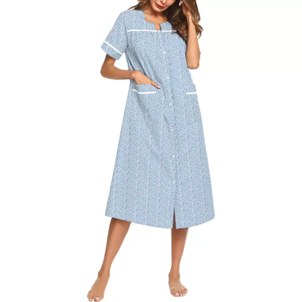 imageEkouaer Womens Snap Front Dusters Cotton Housecoat Short Sleeve Nightgown House Dress With PocketsLight Blue Floral