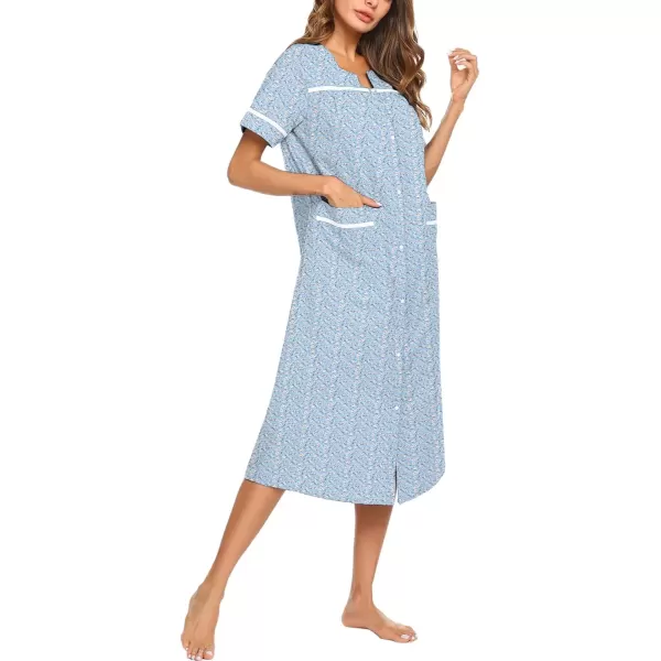 imageEkouaer Womens Snap Front Dusters Cotton Housecoat Short Sleeve Nightgown House Dress With PocketsLight Blue Floral