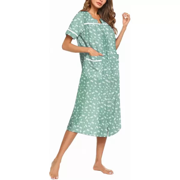 imageEkouaer Womens Snap Front Dusters Cotton Housecoat Short Sleeve Nightgown House Dress With PocketsLight Green Floral
