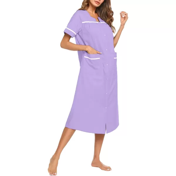 imageEkouaer Womens Snap Front Dusters Cotton Housecoat Short Sleeve Nightgown House Dress With PocketsLilac