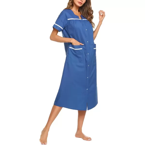 imageEkouaer Womens Snap Front Dusters Cotton Housecoat Short Sleeve Nightgown House Dress With PocketsNavy