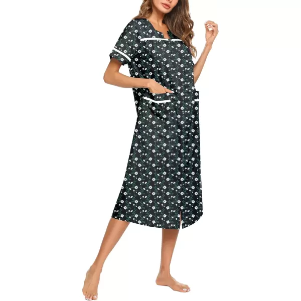 imageEkouaer Womens Snap Front Dusters Cotton Housecoat Short Sleeve Nightgown House Dress With PocketsNavy Blue Floral
