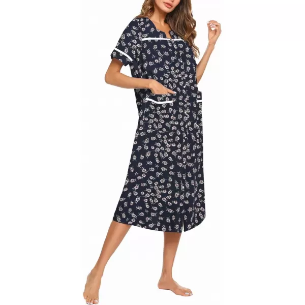 imageEkouaer Womens Snap Front Dusters Cotton Housecoat Short Sleeve Nightgown House Dress With PocketsNavy Floral