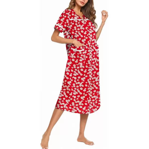 imageEkouaer Womens Snap Front Dusters Cotton Housecoat Short Sleeve Nightgown House Dress With PocketsRed Floral