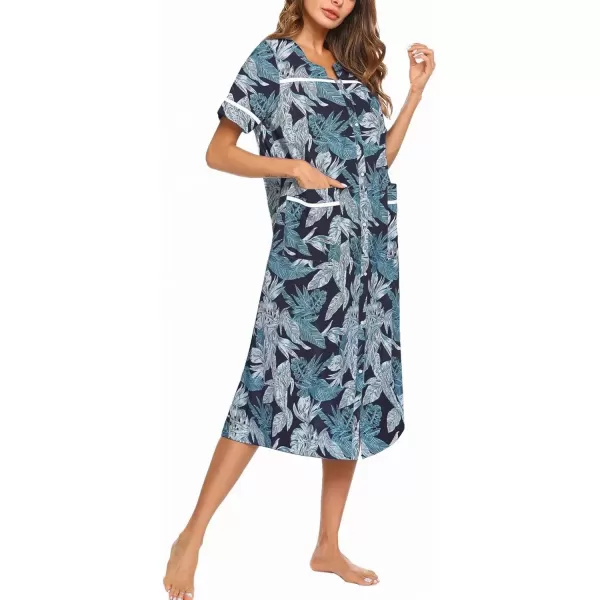 imageEkouaer Womens Snap Front Dusters Cotton Housecoat Short Sleeve Nightgown House Dress With PocketsSteel Blue Leaf